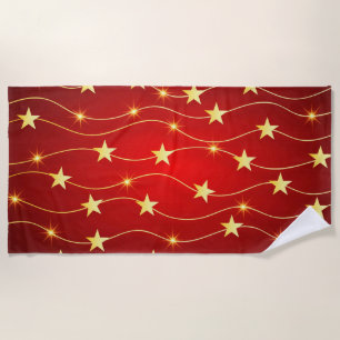 Star Adorned Ruby Red Pattern Beach Towel