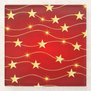 Star Adorned Ruby Red Pattern  Glass Coaster