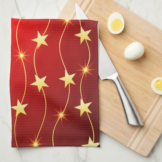 Star Adorned Ruby Red Pattern  Tea Towel (Quarter Fold)