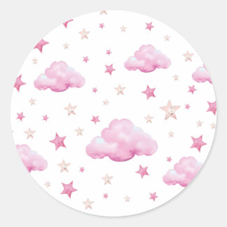 Star and Cloud Pattern PInk Classic Round Sticker