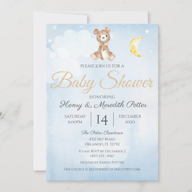 Star and Moon Teddy Bear Blue Boy's Baby Shower Invitation (Front)