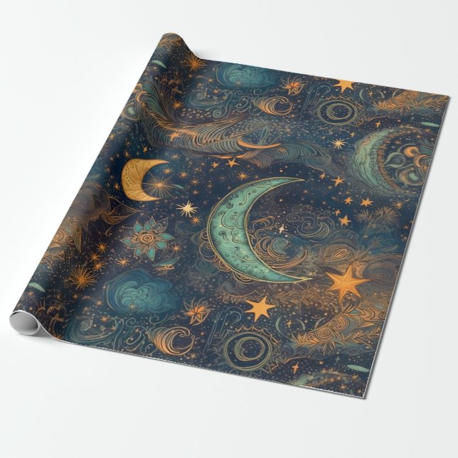 Star and Moon Winter Night Sky - Fantasy and Dream Wrapping Paper (Unrolled)