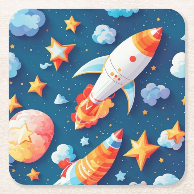 Star ans planets pattern square paper coaster (Front)