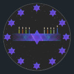 Star Bar Menorah Classic Round Sticker<br><div class="desc">A purple and blue fractal image,  with a Magen David (Star of David),  in the middle,  as a Chanukkah menorah.  The motif is repeated as a border of 12 stars. The candles have been lit.</div>