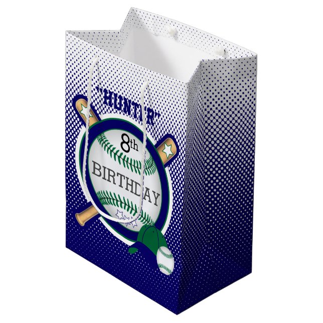 Star Baseball Player Birthday - Green and Blue Medium Gift Bag (Front Angled)