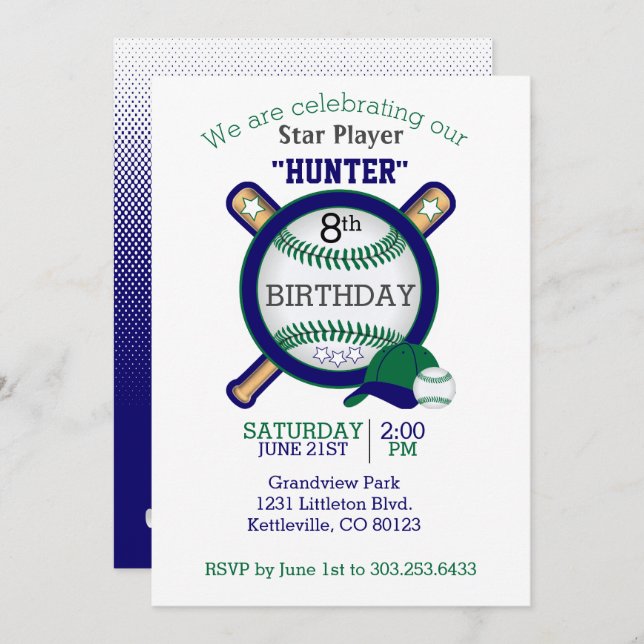 Star Baseball Player Birthday Invitation (Front/Back)