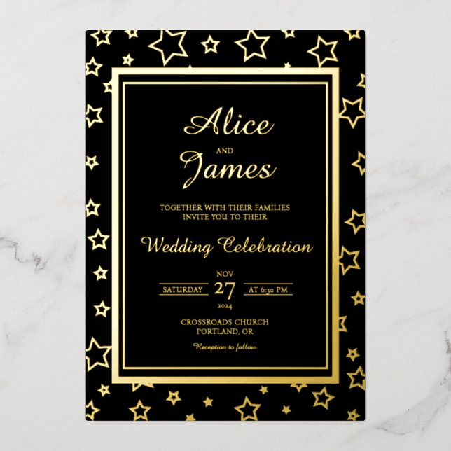 Star Border Frame Elegant Black Gold Foil Wedding (Front)