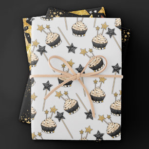 Star Celebration Black and Gold Cupcake Party Wrapping Paper Sheet