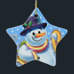 Star Christmas tree decoration Snowman and tinsel.<br><div class="desc">Star Christmas tree decoration Snowman and tinsel. Blues.
This jolly snowman is about to decorate his tree with colourful tinsel.
See the other characters in this same series,  Santa and Polar Bear and Rudolph.</div>
