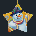 Star Christmas tree decoration Snowman & tinsel.<br><div class="desc">Star gold Christmas tree decoration Snowman and tinsel. golds.
This jolly snowman is about to decorate his tree with colorful tinsel.
See the other characters in this same series,  Santa and Polar Bear and Rudolph.</div>