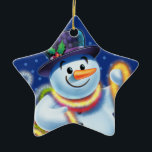 Star Christmas tree decoration Snowman & tinsel.<br><div class="desc">Star blues Christmas tree decoration Snowman and tinsel.deep blues.
This jolly snowman is about to decorate his tree with colourful tinsel.
See the other characters in this same series,  Santa and Polar Bear and Rudolph.</div>