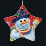 Star Christmas tree decoration Snowman & tinsel.<br><div class="desc">Star shape pinks Christmas tree decoration Snowman and tinsel.pinks.
This jolly snowman is about to decorate his tree with colorful tinsel.
See the other characters in this same series,  Santa and Polar Bear and Rudolph.</div>