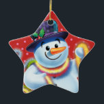 Star Christmas tree decoration Snowman & tinsel.<br><div class="desc">Star shape pinks Christmas tree decoration Snowman and tinsel.pinks.
This jolly snowman is about to decorate his tree with colorful tinsel.
See the other characters in this same series,  Santa and Polar Bear and Rudolph.</div>