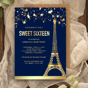Star Confetti Gold Foil Eiffel Tower Sweet Sixteen Invitation