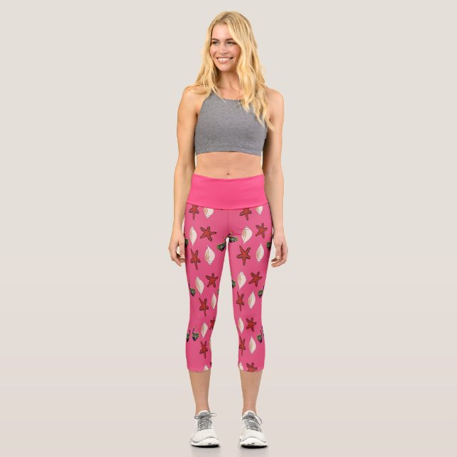 Star fish and shells pink pattern capri leggings (Front)