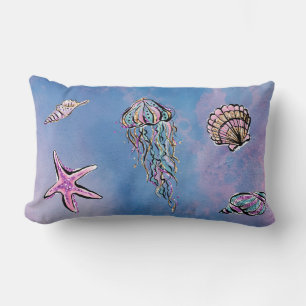 *~* Star Fish Sea Shells Abstract Beach Watercolor Lumbar Cushion