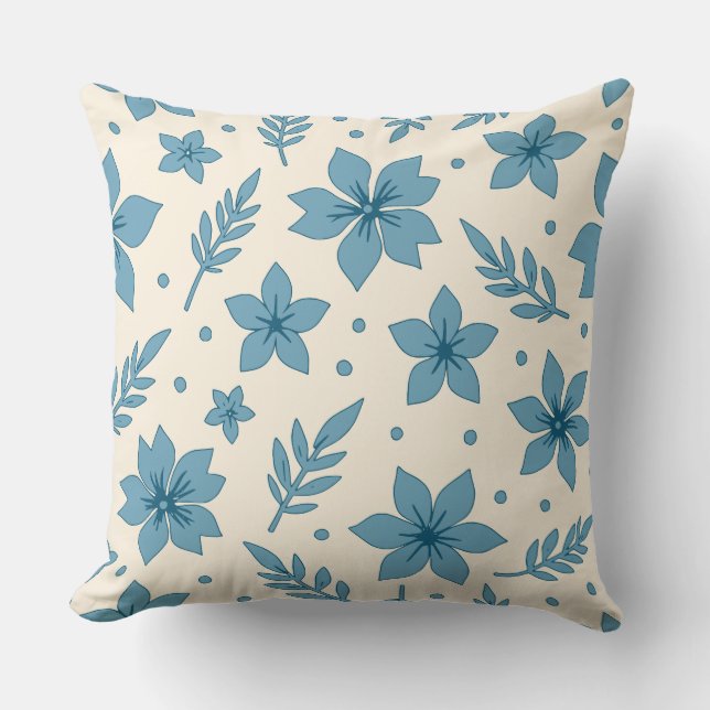 Star Flowers And Leaves Blue Cream Cushion (Front)