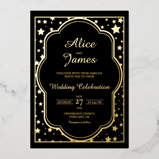 Star Frame Modern Elegant Black Gold Foil Wedding (Front)