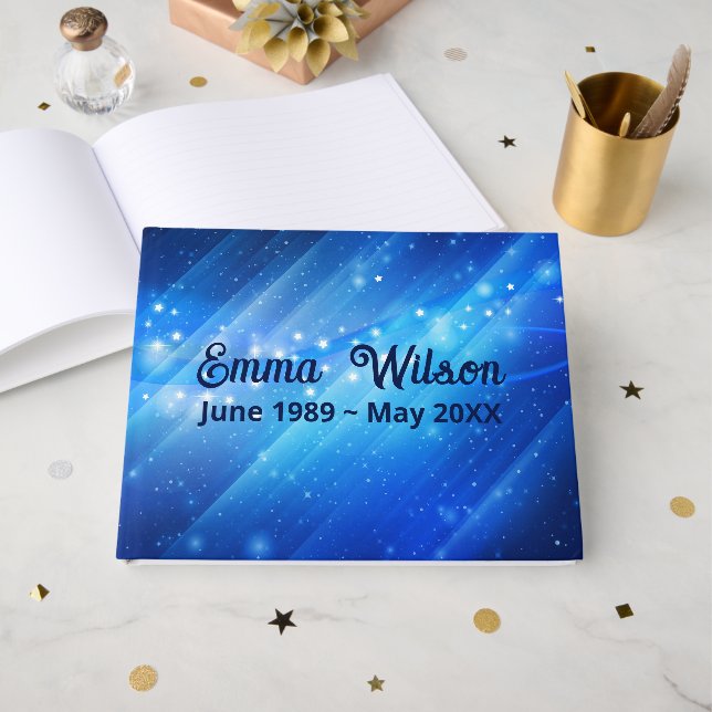 Star Galaxy On Blue Memorial  Guest Book (Front Open)
