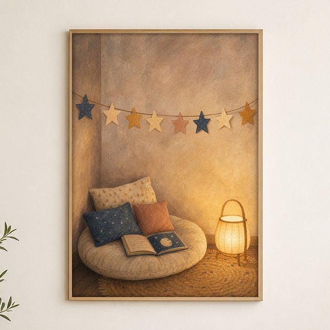 Star Garland Reading Nook Watercolour Poster (Shown framed for scale. Poster ships unframed; frames are an optional add-on.)