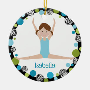 Star Gymnast Brown Ponytails In Aqua and Green Ceramic Tree Decoration
