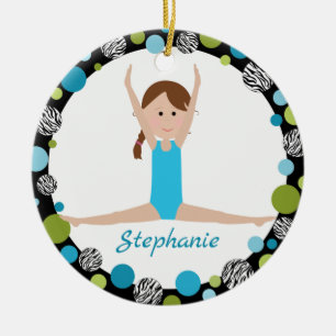 Star Gymnast with Brown Braid in Aqua and Green Ceramic Tree Decoration