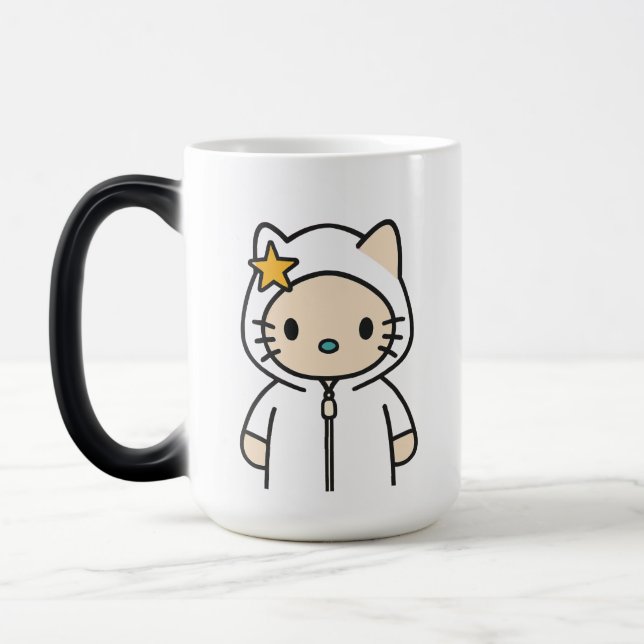 Star Kitty Mug – Cute Cat Character in White Hoodi (Left)