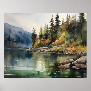 Star Lake Watercolor Landscape Art Print Poster