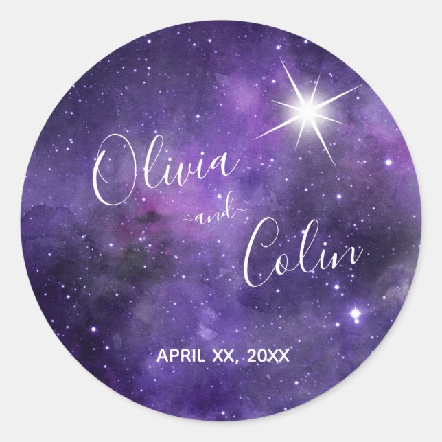 Star Light Purple White Wedding  Classic Round Sticker (Front)