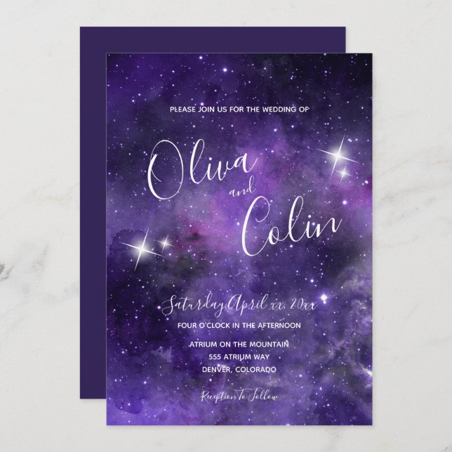 Star Light, Purple, White Wedding  Invitation (Front/Back)