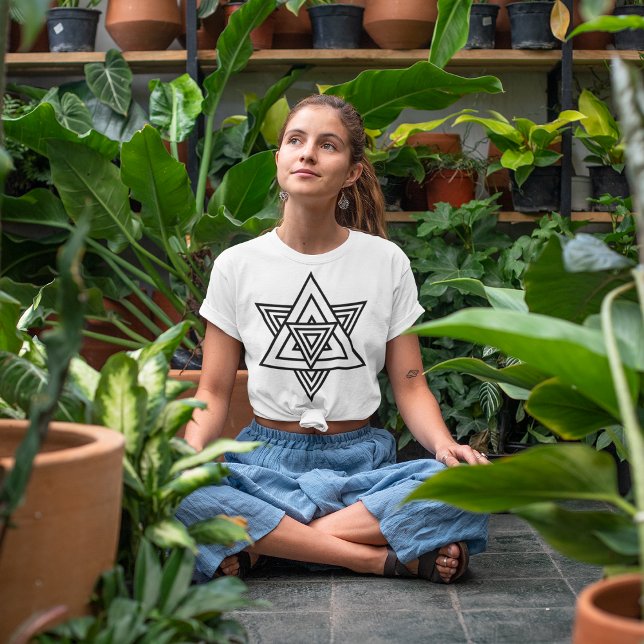 Star lines triangle  T-Shirt (Women meditating for peace of mind and posing in her garden.)