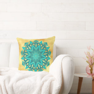 Star Mandala Blue Gold on Soft Gold Background Cushion