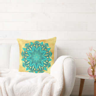 Star Mandala Blue Gold on Soft Gold Background Cushion