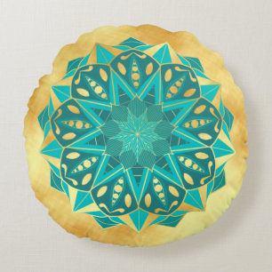 Star Mandala Blue Gold on Soft Gold Background Round Cushion
