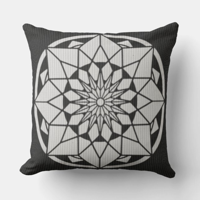 Star Mandala knitting black & white Cushion (Front)