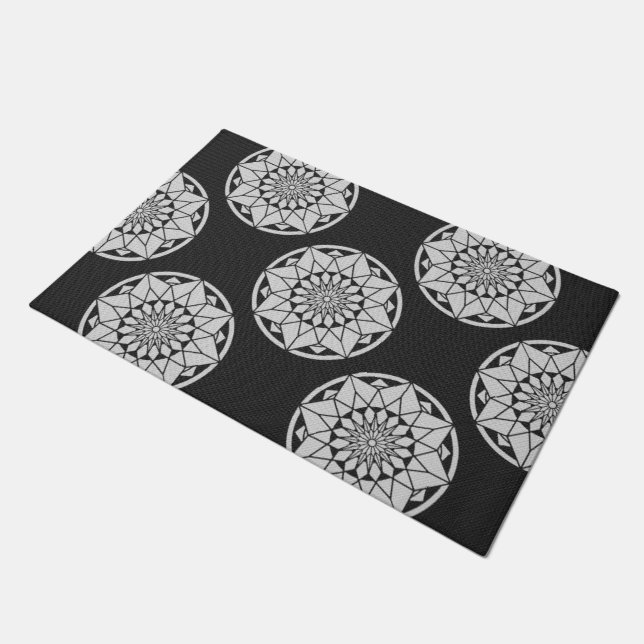 Star Mandala knitting black & white Doormat (Angled)