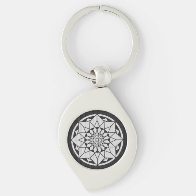 Star Mandala knitting black & white Key Ring (Front)