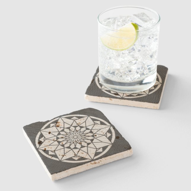Star Mandala knitting black & white Stone Coaster (Side)