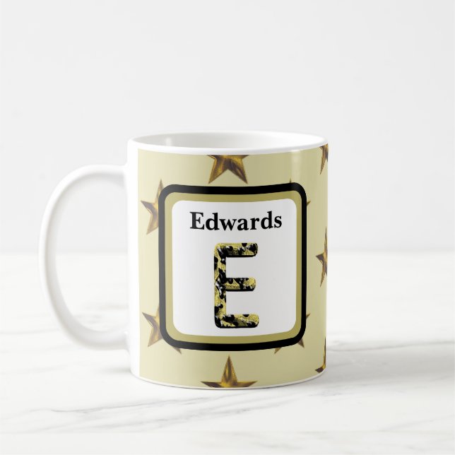 Star Monogram Gold Elegant Family Name Initial Coffee Mug (Left)