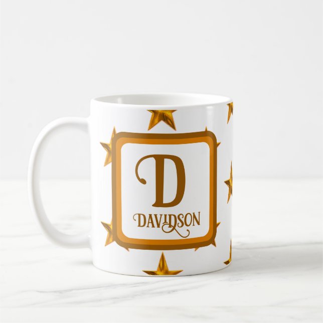 Star Monogram Initial Orange Gold Family Name Coffee Mug (Left)
