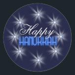 Star of David Array Blue SDAB Classic Round Sticker<br><div class="desc">This beautiful sticker design features eight sparkling Stars of David in an array around the text 'Happy Hanukkah'. Background is midnight blue circled by white shining stars.</div>