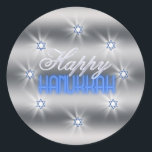 Star of David Array Silver SDAX Classic Round Sticker<br><div class="desc">This beautiful sticker design features eight sparkling Stars of David in an array around the text 'Happy Hanukkah'. Background is a silver gradient circled by white shining stars.</div>