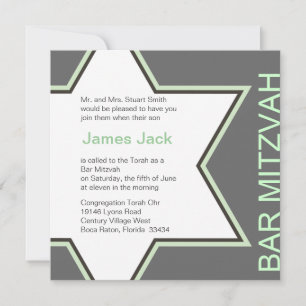 Star of David Bar Mitzvah Green & Grey 2 Invitation