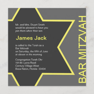 Star of David Bar Mitzvah Grey & Yellow Invitation