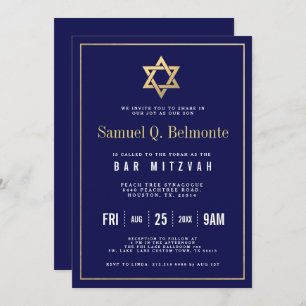 Star of David Bar Mitzvah Navy Invite w Address
