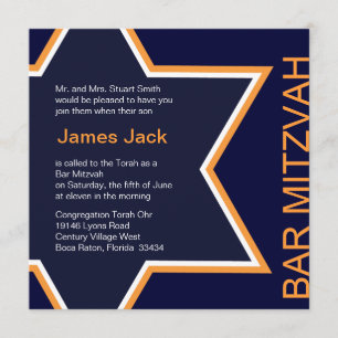 Star of David Bar Mitzvah Orange & Blue Invitation