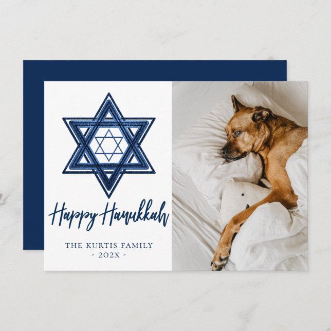 Star of David | Classic Blue Modern Hanukkah Photo Holiday Card (Front/Back)