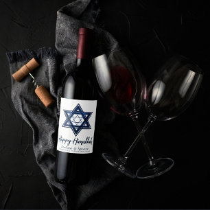 Star of David Classic Blue Modern Happy Hanukkah Wine Label