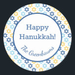Star of David Classic Round Sticker<br><div class="desc">These fabulous gift tags would look great on all your Hanukkah gifts.  They are so festive with their Stars of David in blue and yellow.  Trendy yet traditional.  And,  they are customisable with your family name.</div>
