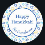 Star of David Classic Round Sticker<br><div class="desc">These fabulous gift tags would look great on all your Hanukkah gifts.  They are so modern yet classic with their blue,  turquoise and yellow Star of Davids in all different sizes.  And,  they are customisable with your family name.</div>